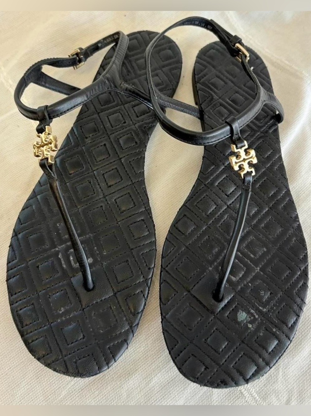 Tory Burch Black T-Strap Sandals with Gold Logo Accent